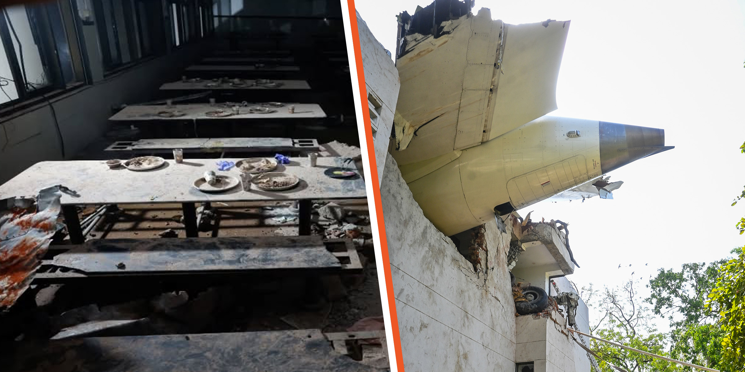 El comedor del hostal de médicos tras la catástrofe | Fuselaje del avión siniestrado. | Fotos: Getty Images | Facebook.com/AztecaNoticias