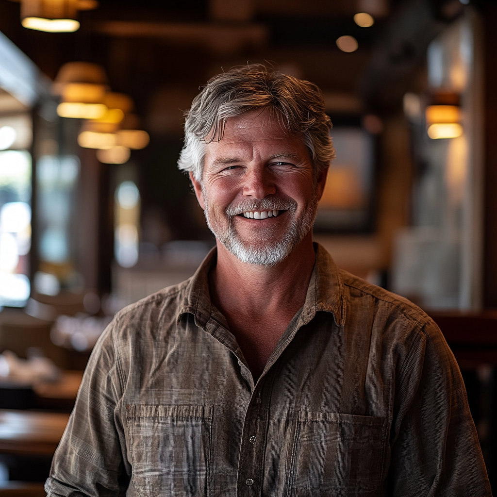 Un hombre de mediana edad sonriendo en un restaurante | Fuente: Midjourney