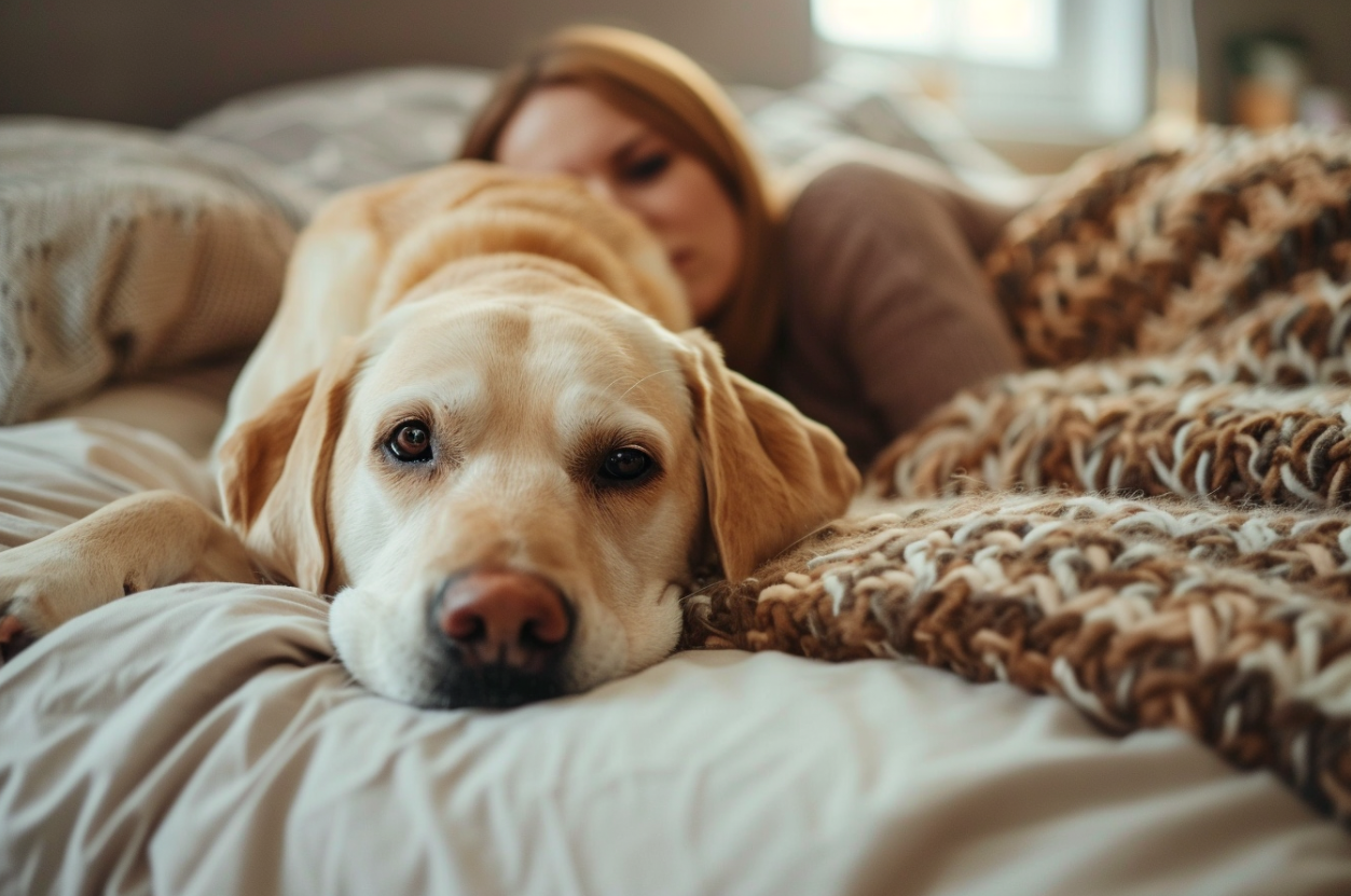 Un perro tumbado en la cama con una mujer enferma | Fuente: Midjourney