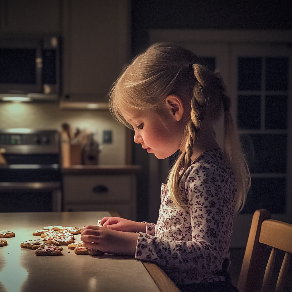 Una niña decorando galletas | Fuente: Midjourney