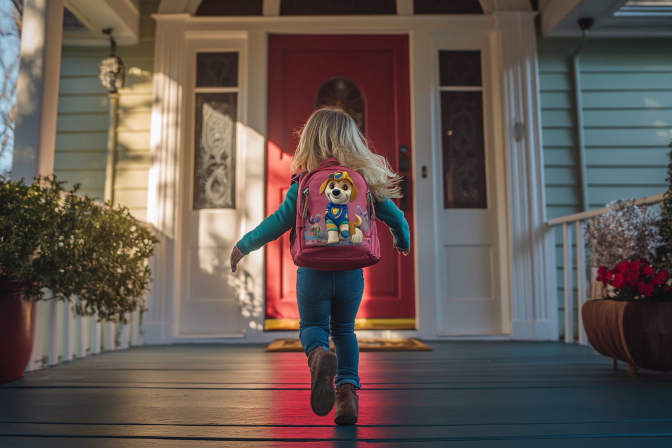 Niña rubia corriendo hacia la puerta principal de una casa | Fuente: Midjourney