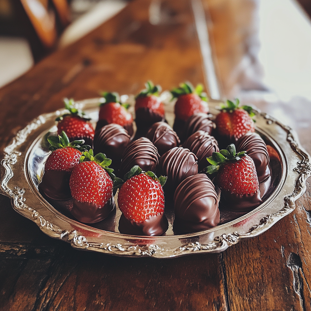 Una bandeja de fresas cubiertas de chocolate | Fuente: Midjourney