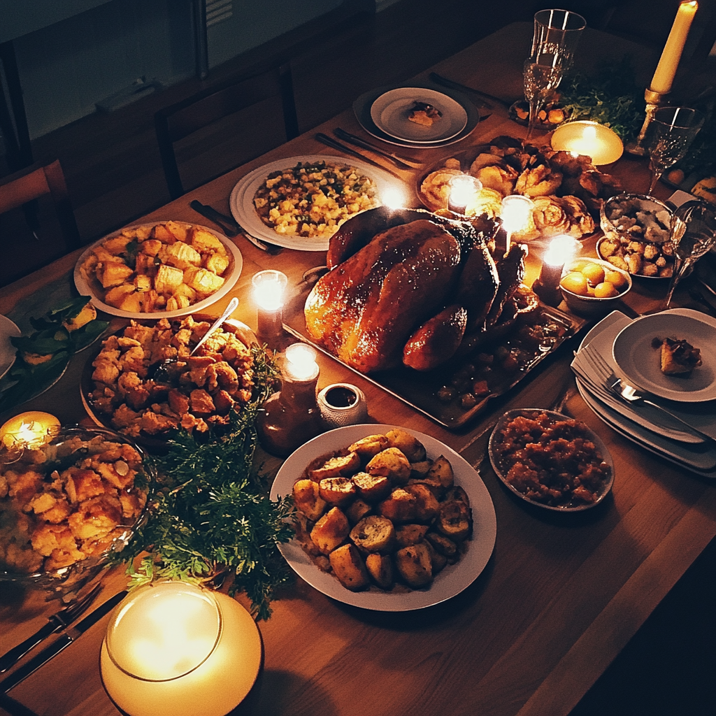 Una cena de Acción de Gracias extendida sobre una mesa | Fuente: Midjourney