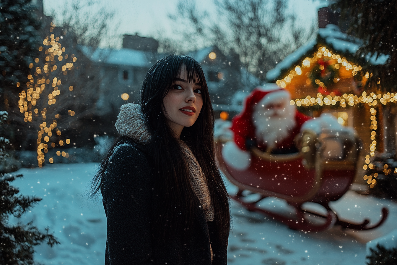 Mujer sonriendo en un patio nevado con adornos navideños | Fuente: Midjourney