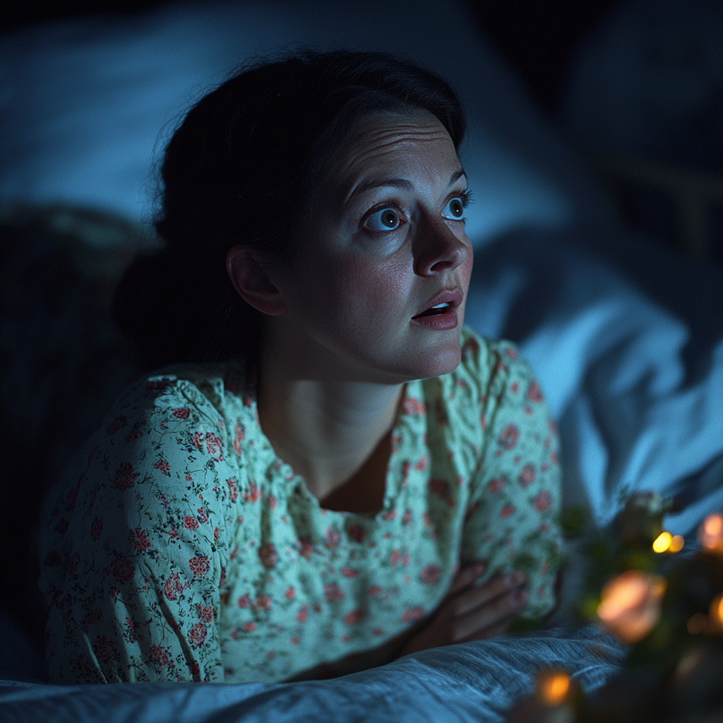 Una mujer conmocionada en la cama | Fuente: Midjourney