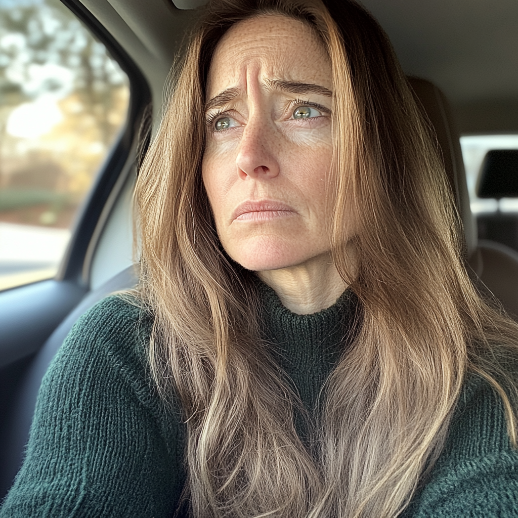 Una mujer triste sentada en un automóvil | Fuente: Midjourney