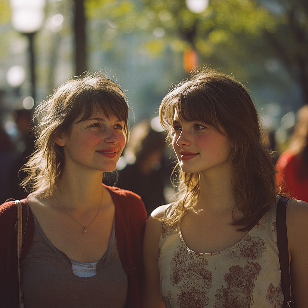 Dos mujeres felices caminando juntas | Fuente: Midjourney