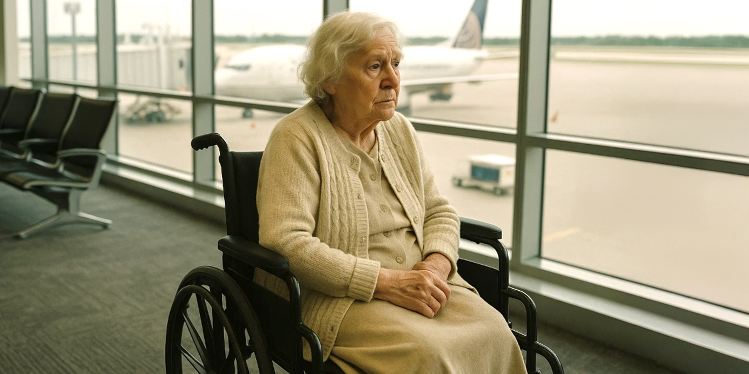 Una anciana esperando sola en una silla de ruedas en el aeropuerto | Fuente: The Celebritist