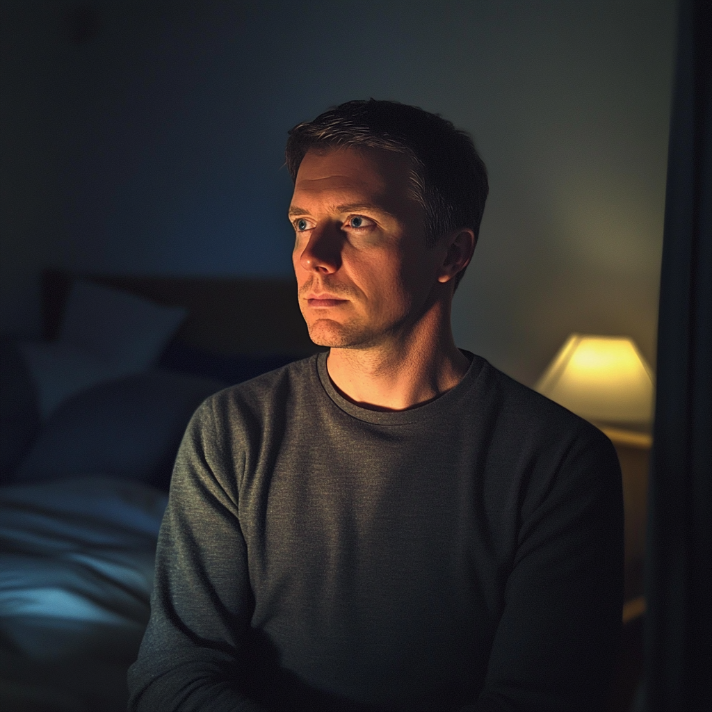 Un hombre de pie en un dormitorio | Fuente: Midjourney
