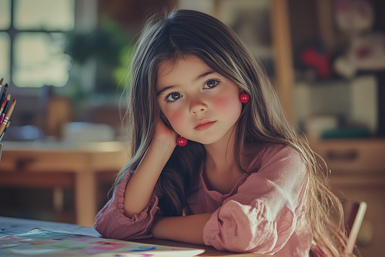 Una niña de 5 años sentada en una mesa, con mirada pensativa mientras pinta | Fuente: Midjourney