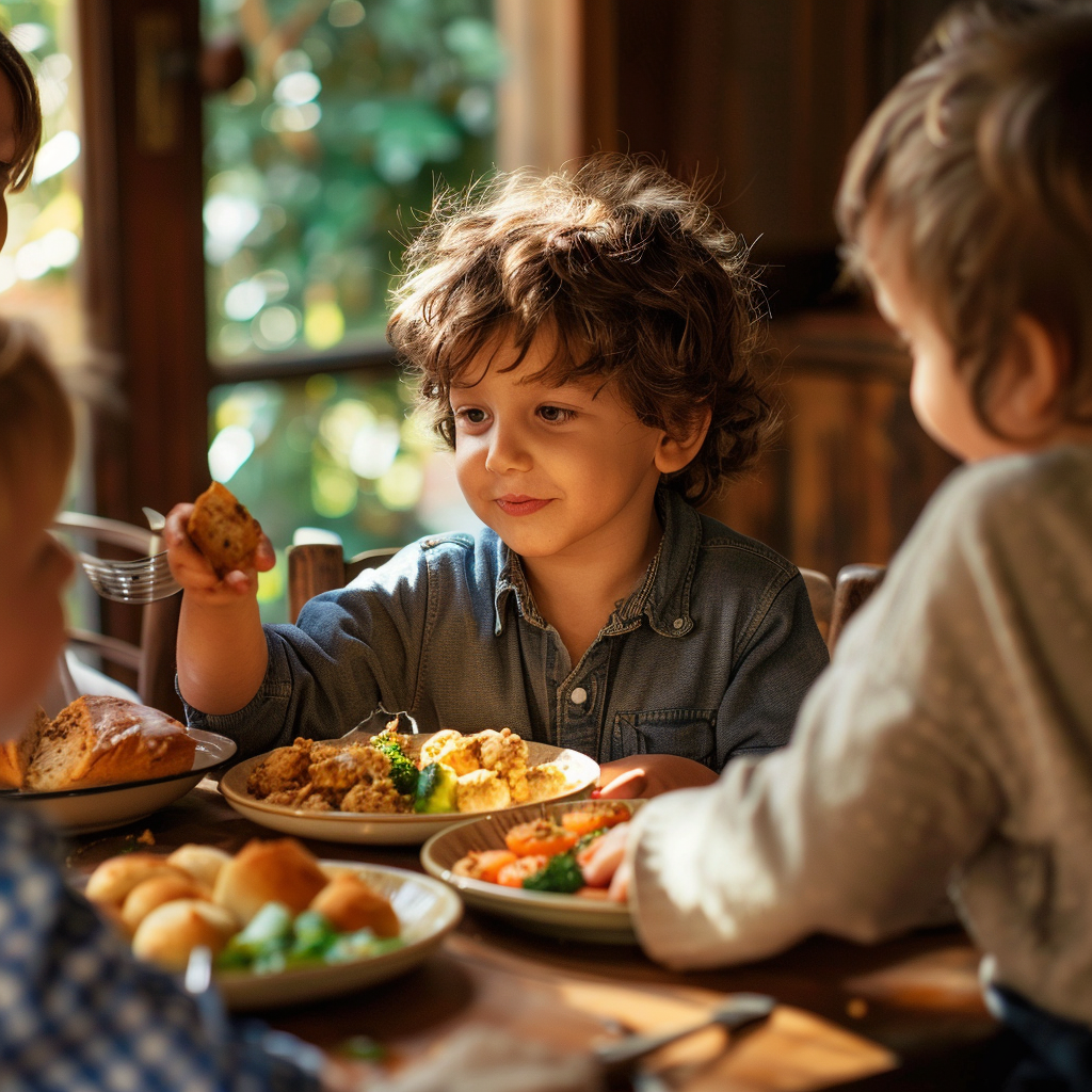Niño compartiendo comida con sus hermanos | Fuente: Midjourney