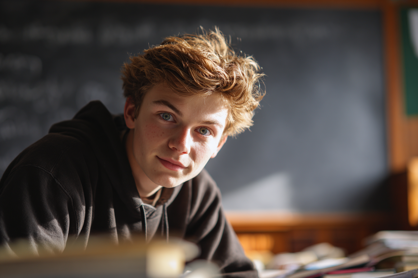 Un ragazzo in un'aula scolastica | Fonte: Midjourney