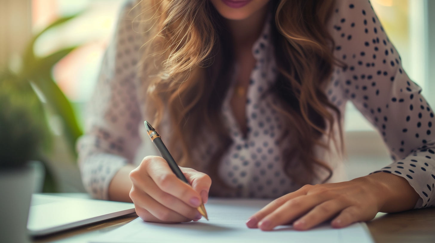 Una mujer firmando un documento | Fuente: Midjourney