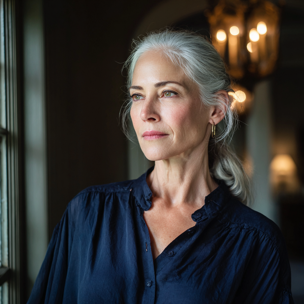 Una mujer mayor de pie en un vestíbulo | Fuente: Midjourney