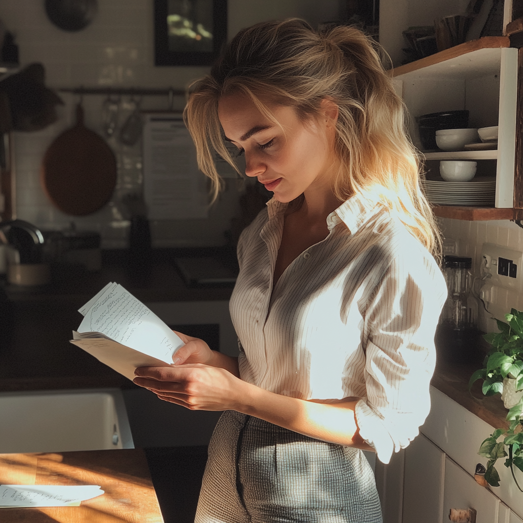 Una mujer leyendo una carta en una cocina | Fuente: Midjourney