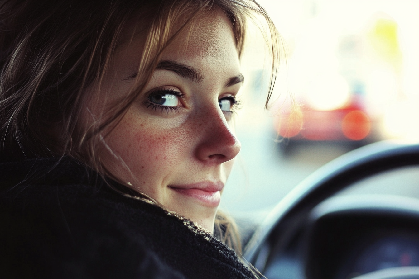 Una mujer sonriendo en su Automóvil | Fuente: Midjourney