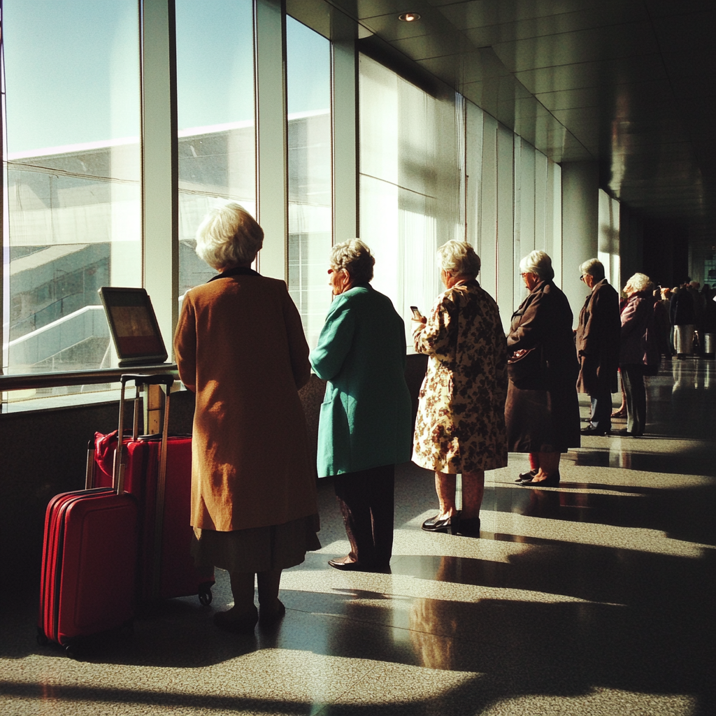 Una fila de abuelas en un aeropuerto | Fuente: Midjourney