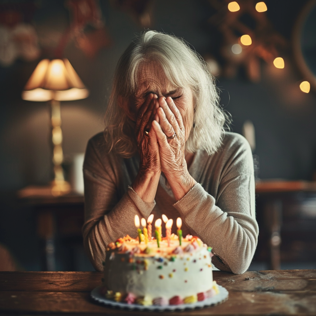 Una mujer sentada delante de un Pastel de cumpleaños y llorando | Fuente: Midjourney