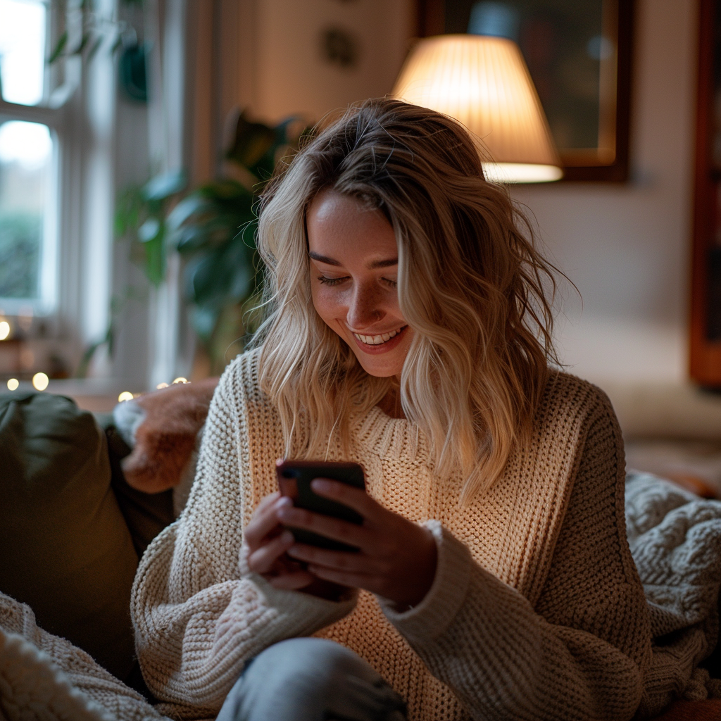 Una joven sonríe mientras utiliza su teléfono | Fuente: Midjourney