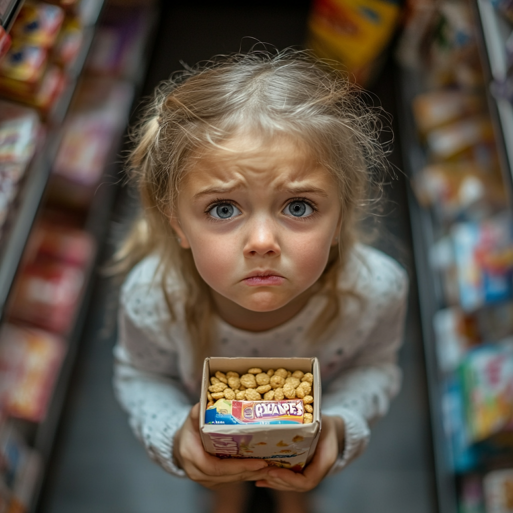 Una niña triste con una caja de cereales | Fuente: Midjourney