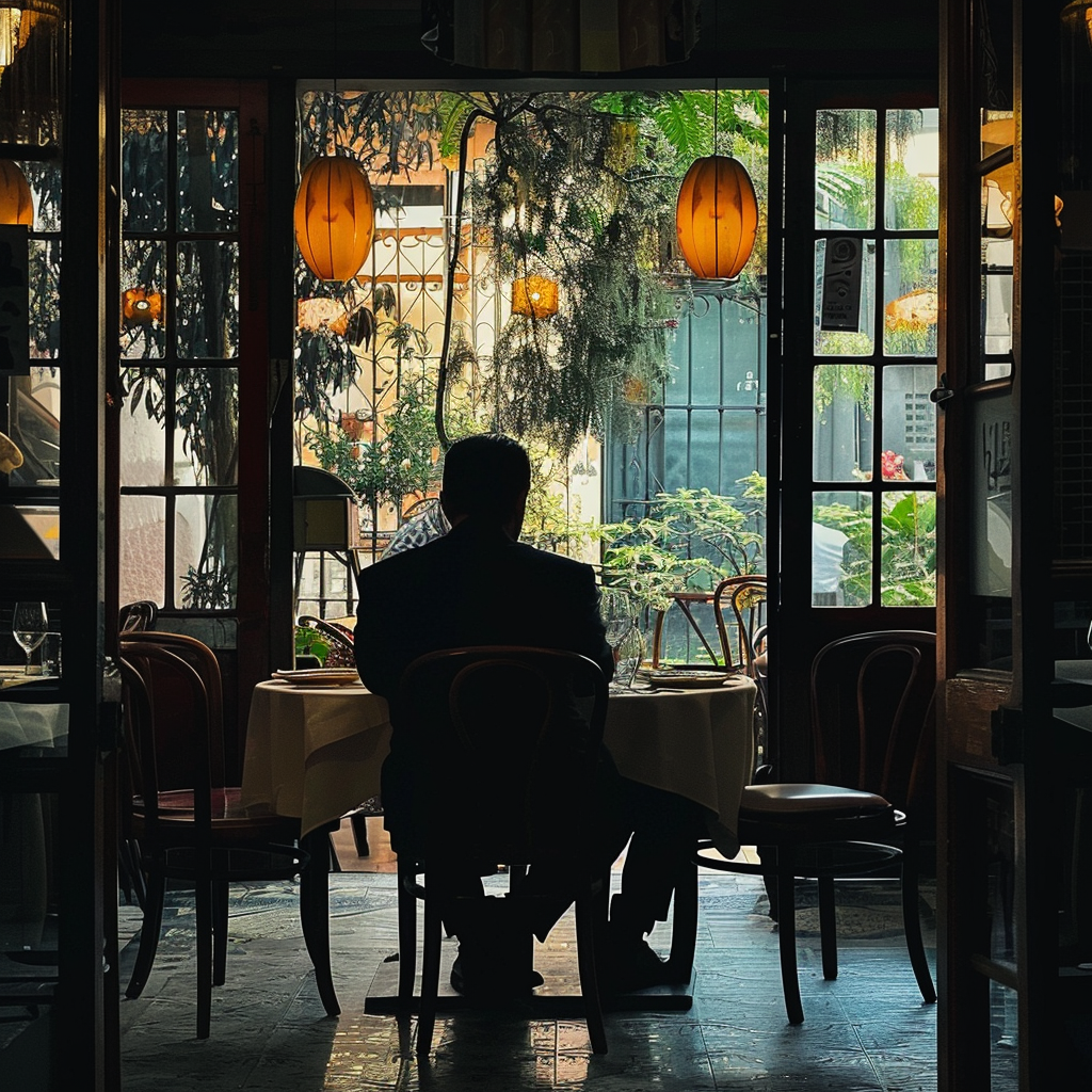 Dylan sentado en un restaurante esperando a su cita | Fuente: Midjourney