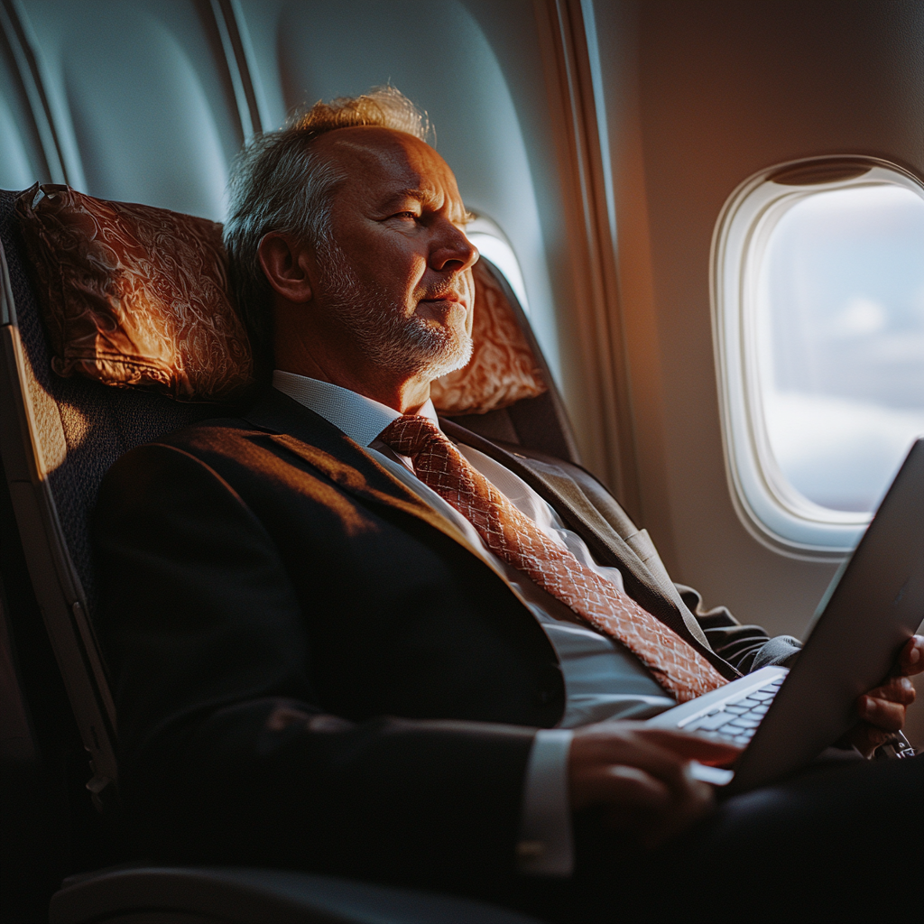 Un hombre de negocios se echa hacia atrás en su asiento del avión | Fuente: Midjourney