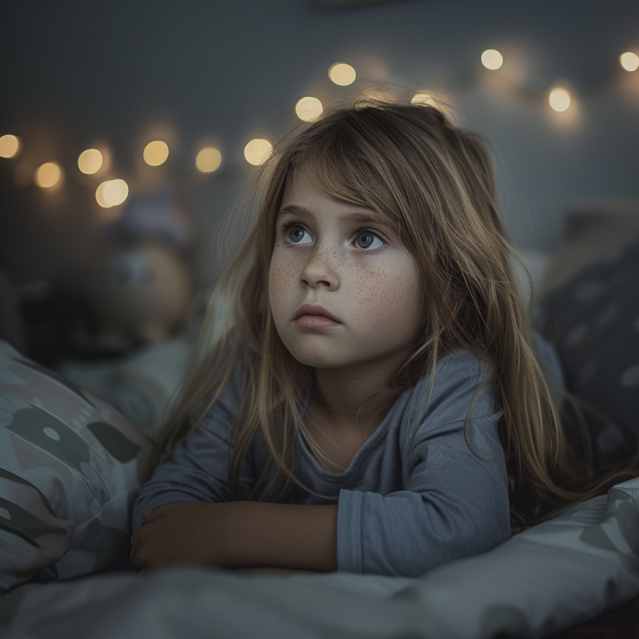 Una niña triste sentada sola en su habitación | Fuente: Midjourney