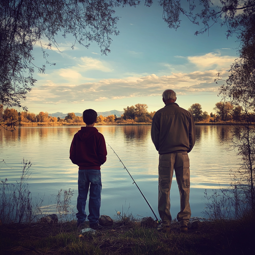 Un anciano y un niño estrechando lazos mientras pescan | Fuente: Midjourney