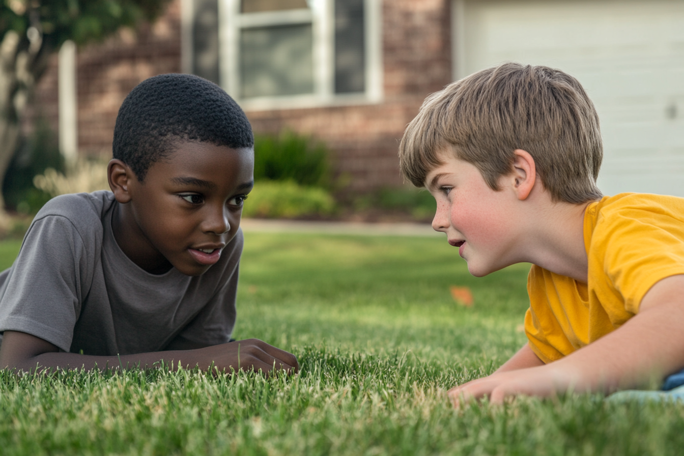 Dos niños jugando en un jardín delantero | Fuente: Midjourney