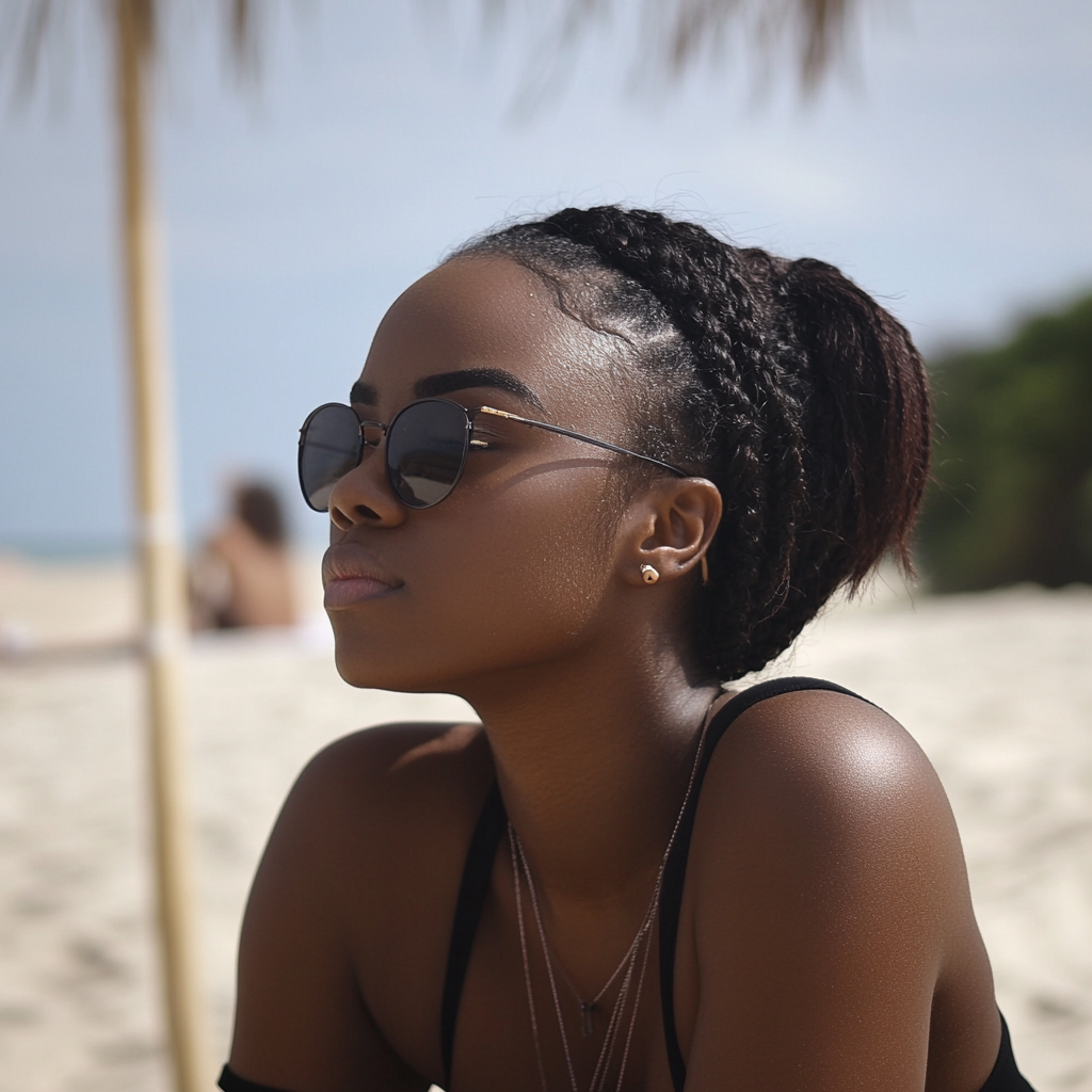 Una mujer entrecerrando los ojos en la playa | Fuente: Midjourney