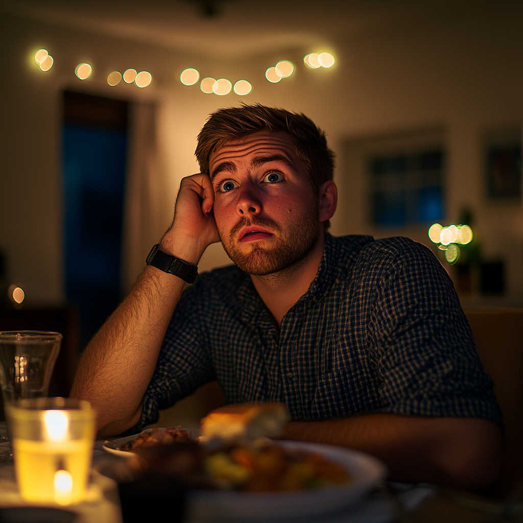 Un hombre parece sorprendido mientras está sentado a la mesa | Fuente: Midjourney