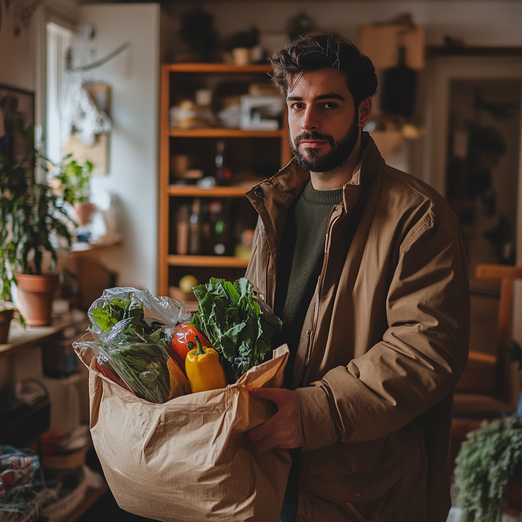 Un hombre con una bolsa de la compra en la mano | Fuente: Midjourney