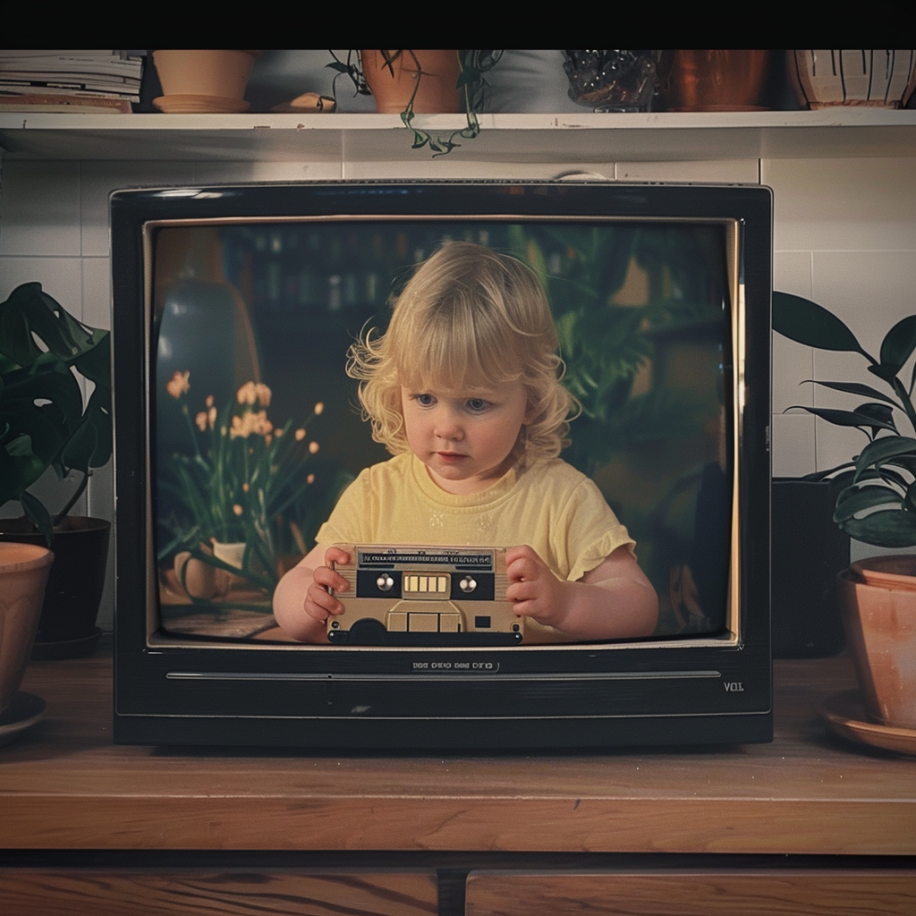 Una pantalla de TV que muestra a una niña jugando con una cinta VHS | Fuente: Midjourney