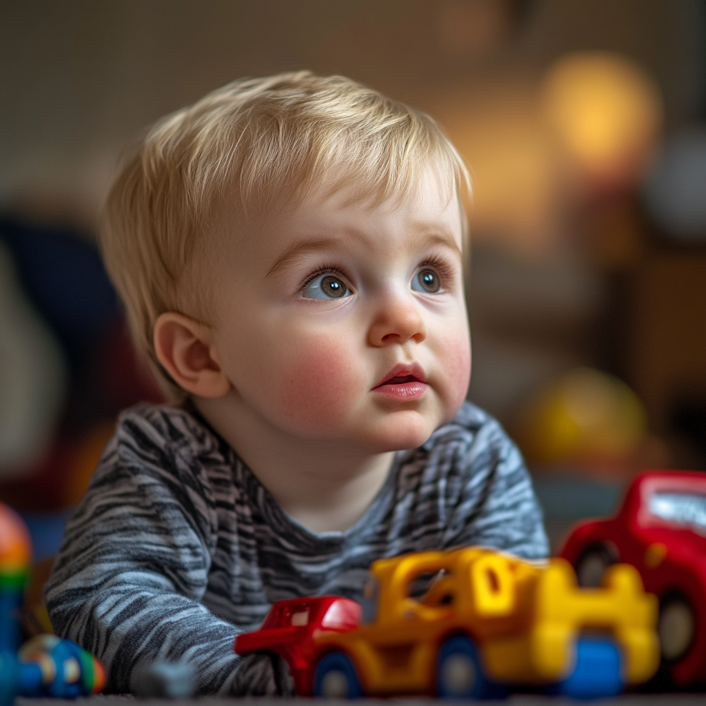 Un niño mira hacia arriba mientras juega con sus juguetes | Fuente: Midjourney