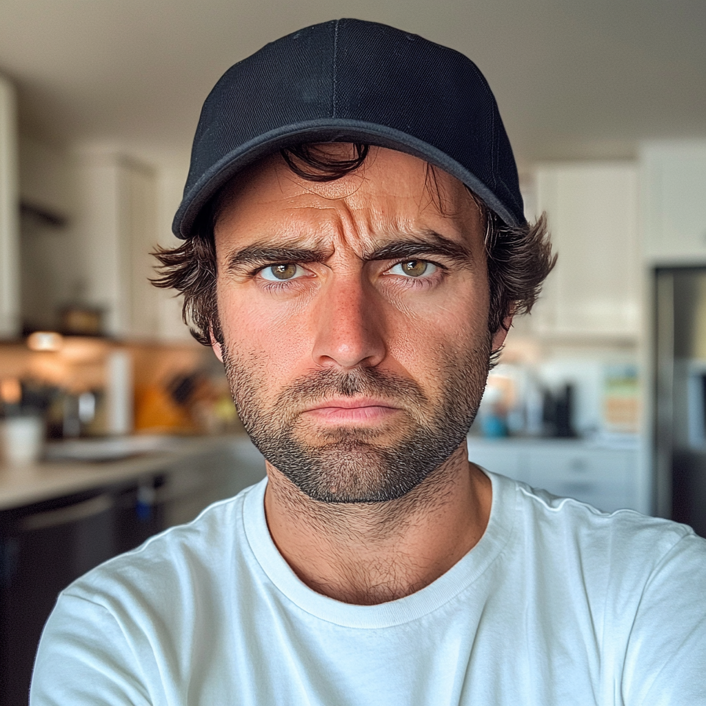 Un hombre ceñudo de pie en una cocina | Fuente: Midjourney