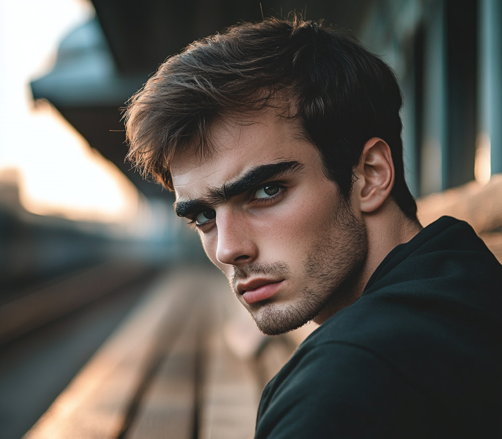 Un joven con el corazón roto sentado en una estación de tren | Fuente: Midjourney