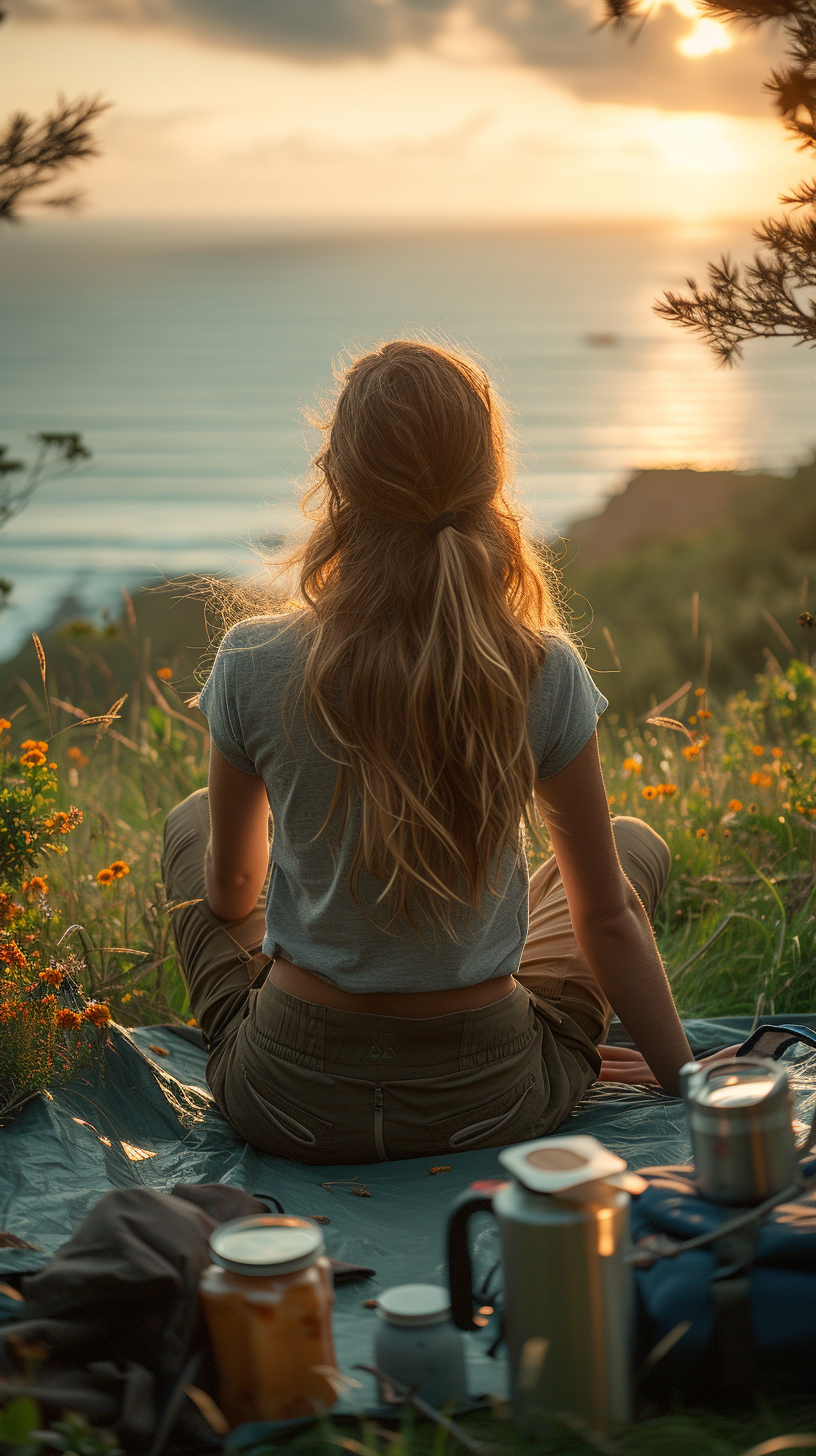 Una mujer sentada al aire libre contemplando las vistas | Fuente: Midjourney