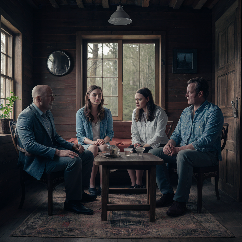 Continúa una conversación de "mesa redonda" en el interior de una cabaña en el bosque | Fuente: Midjourney