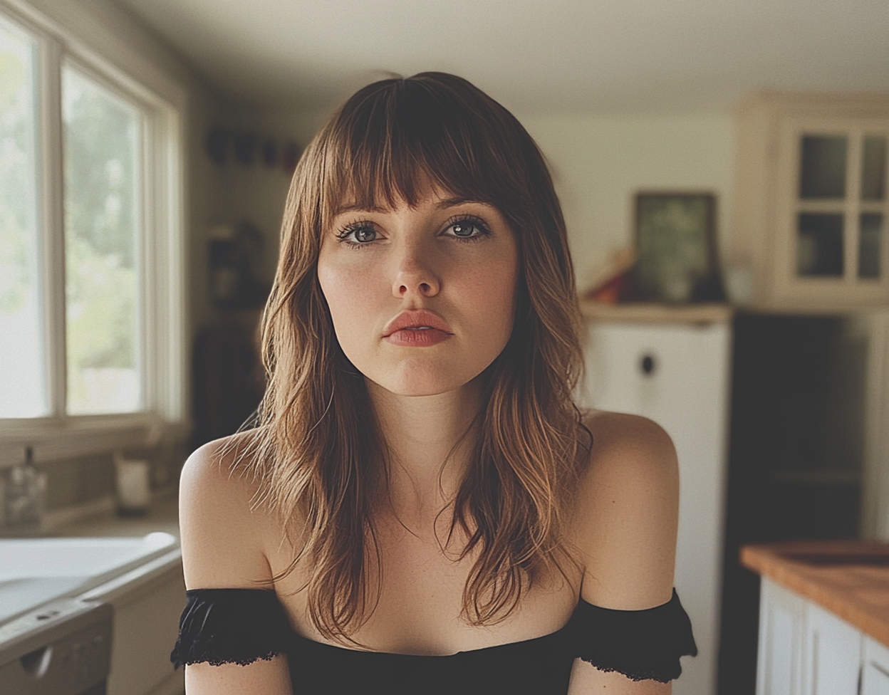 Una mujer sentada en la encimera de la cocina | Fuente: Midjourney