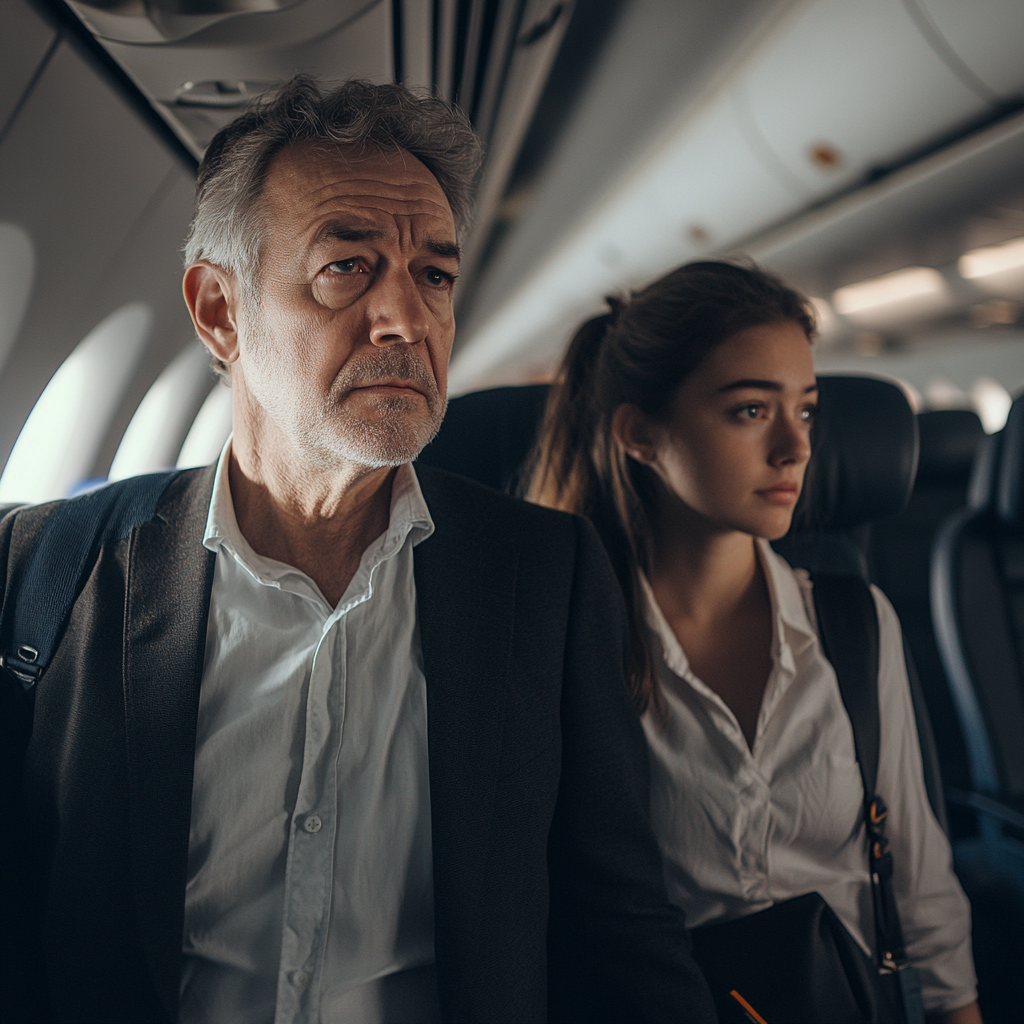 Una pareja malhumorada en un avión | Fuente: Midjourney