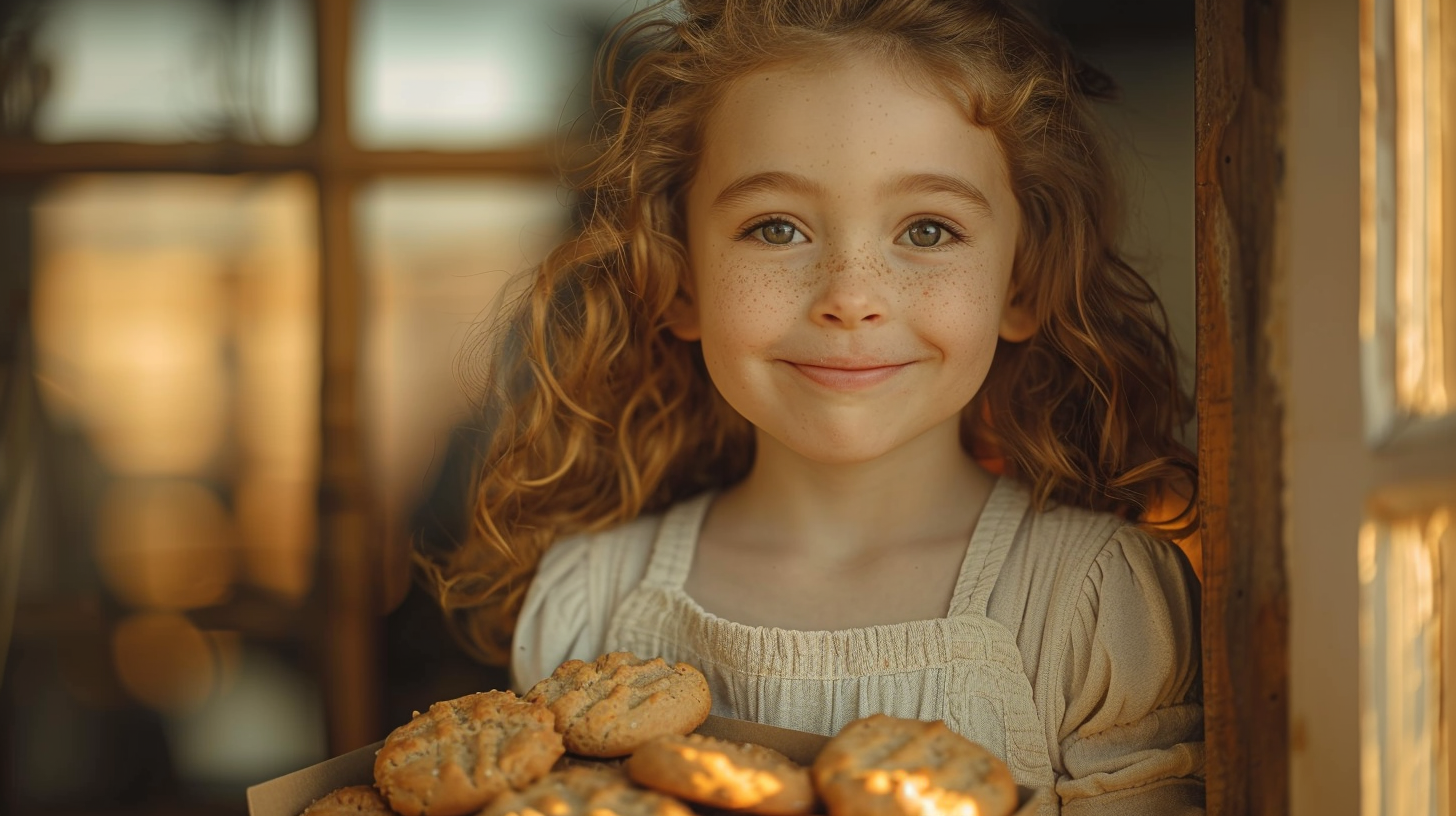 Una niña con una caja de galletas en la mano | Foto: Midjourney