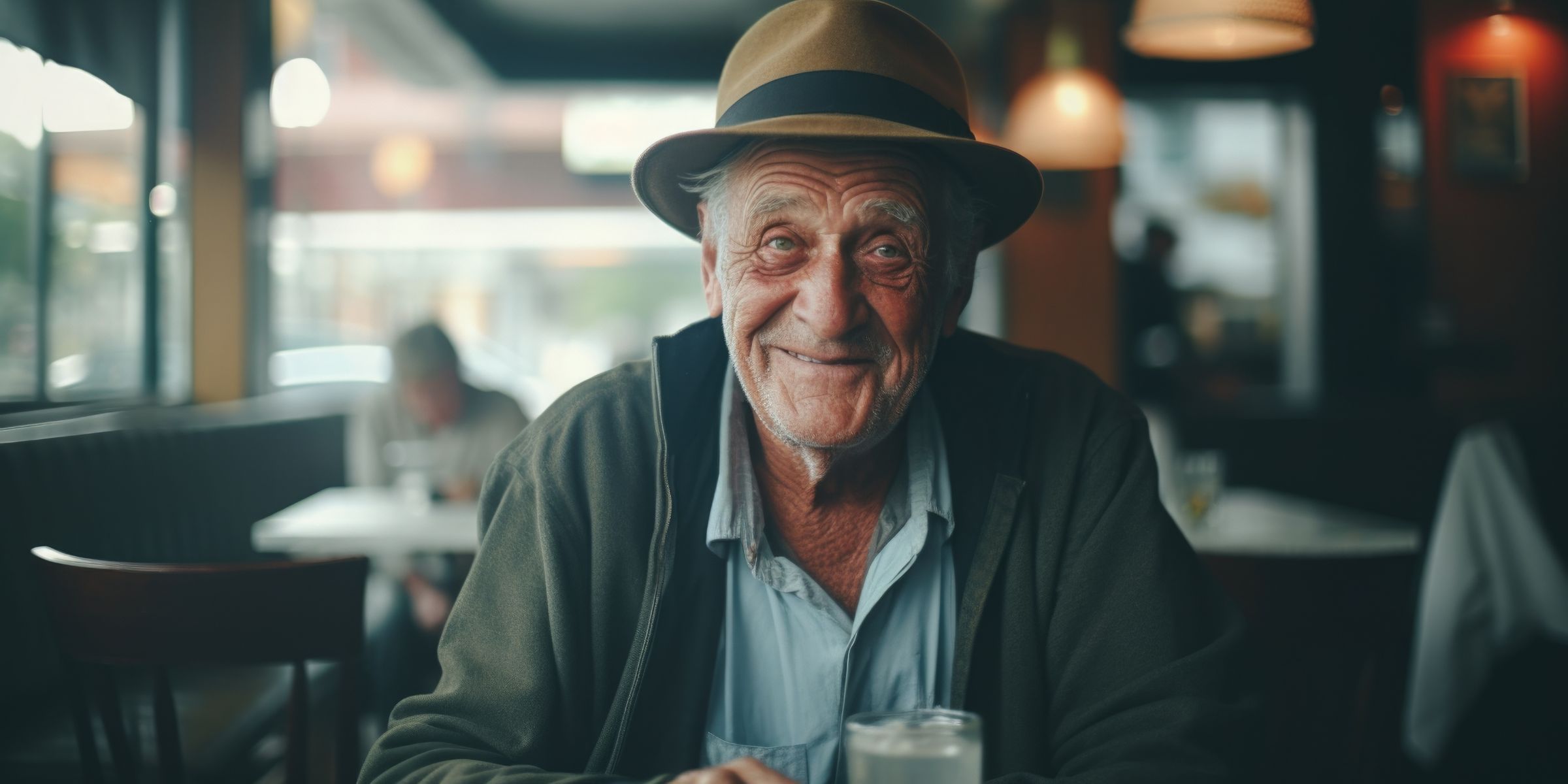 Un anciano sonriente sentado en una cafetería | Fuente: Freepik