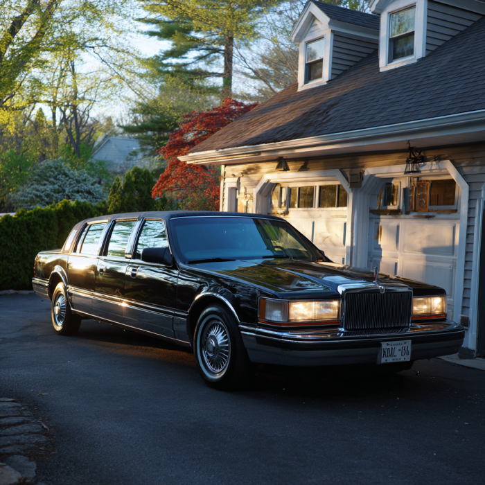 Una limousine nera davanti a una casa | Fonte: Midjourney