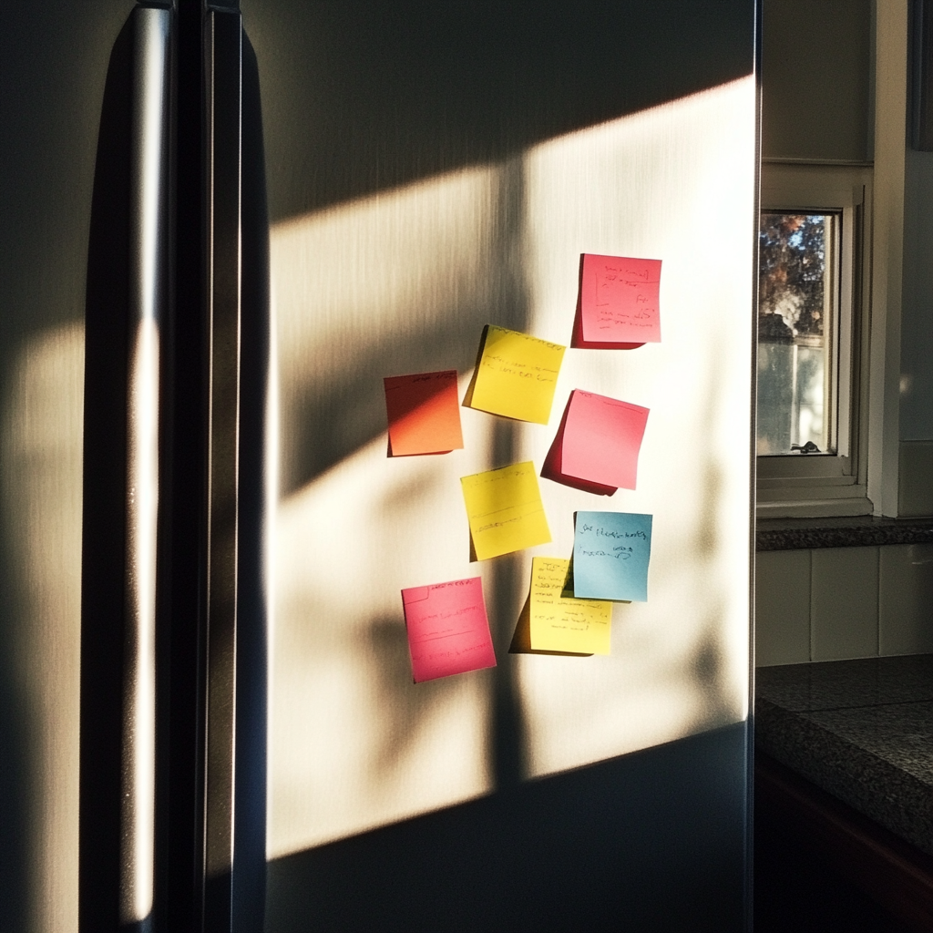 Post-its en una nevera | Fuente: Midjourney