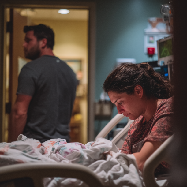 Un hombre se marcha dejando a la madre y al bebé en el hospital | Fuente: Midjourney