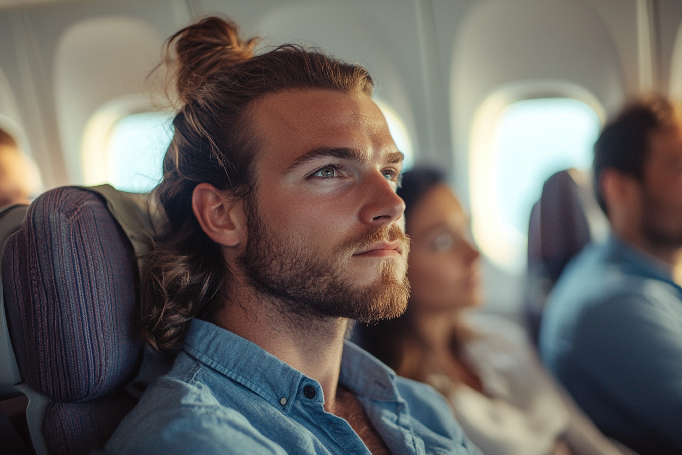 Un hombre se sienta pensativo mientras vuela en un avión | Fuente: Midjourney