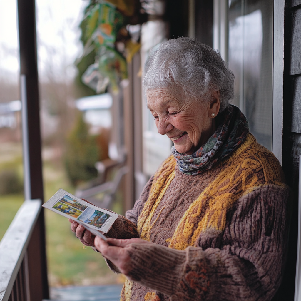 Una mujer feliz con una postal | Fuente: Midjourney