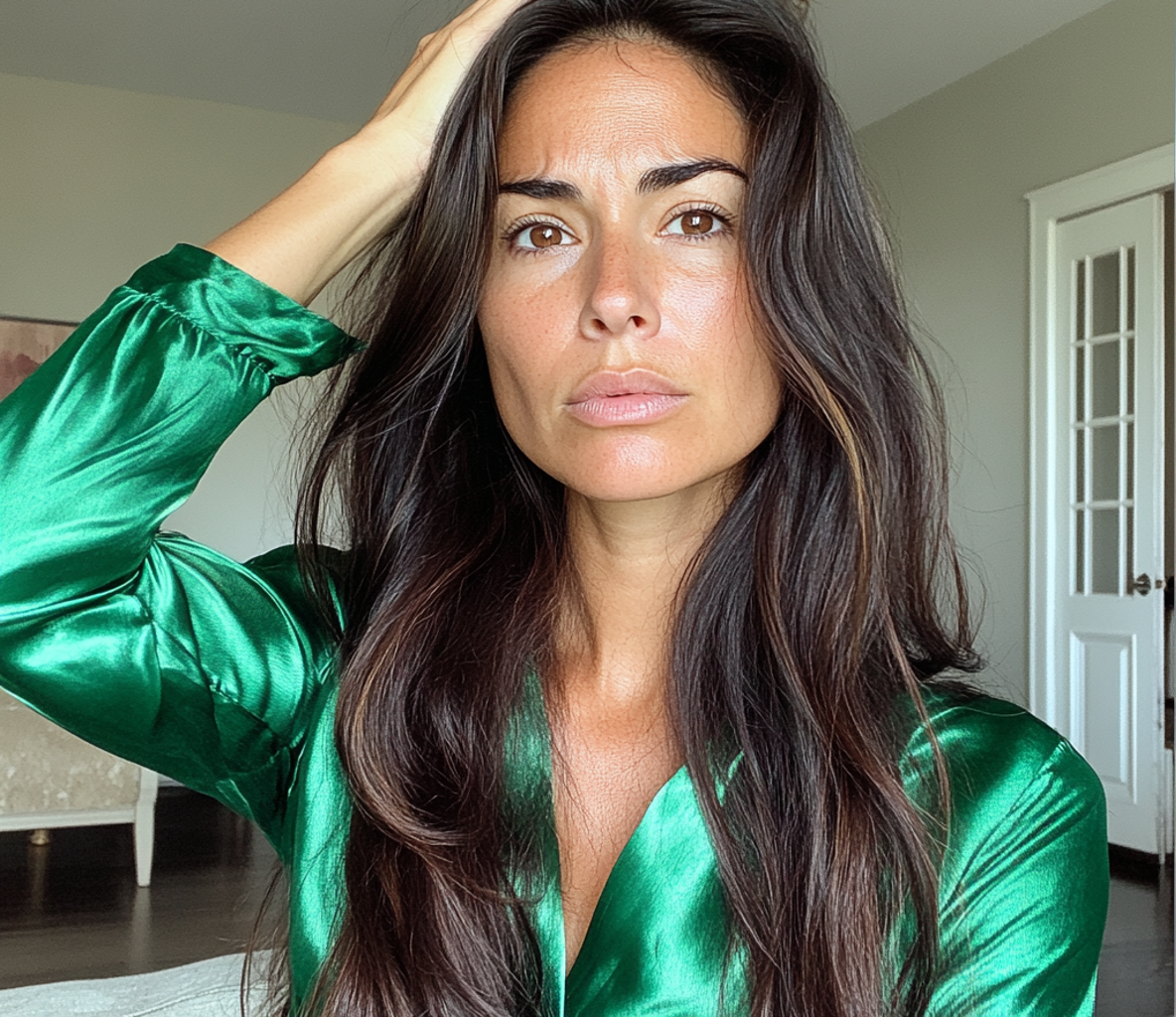 Una mujer con una blusa verde sujetándose la cabeza | Fuente: Midjourney