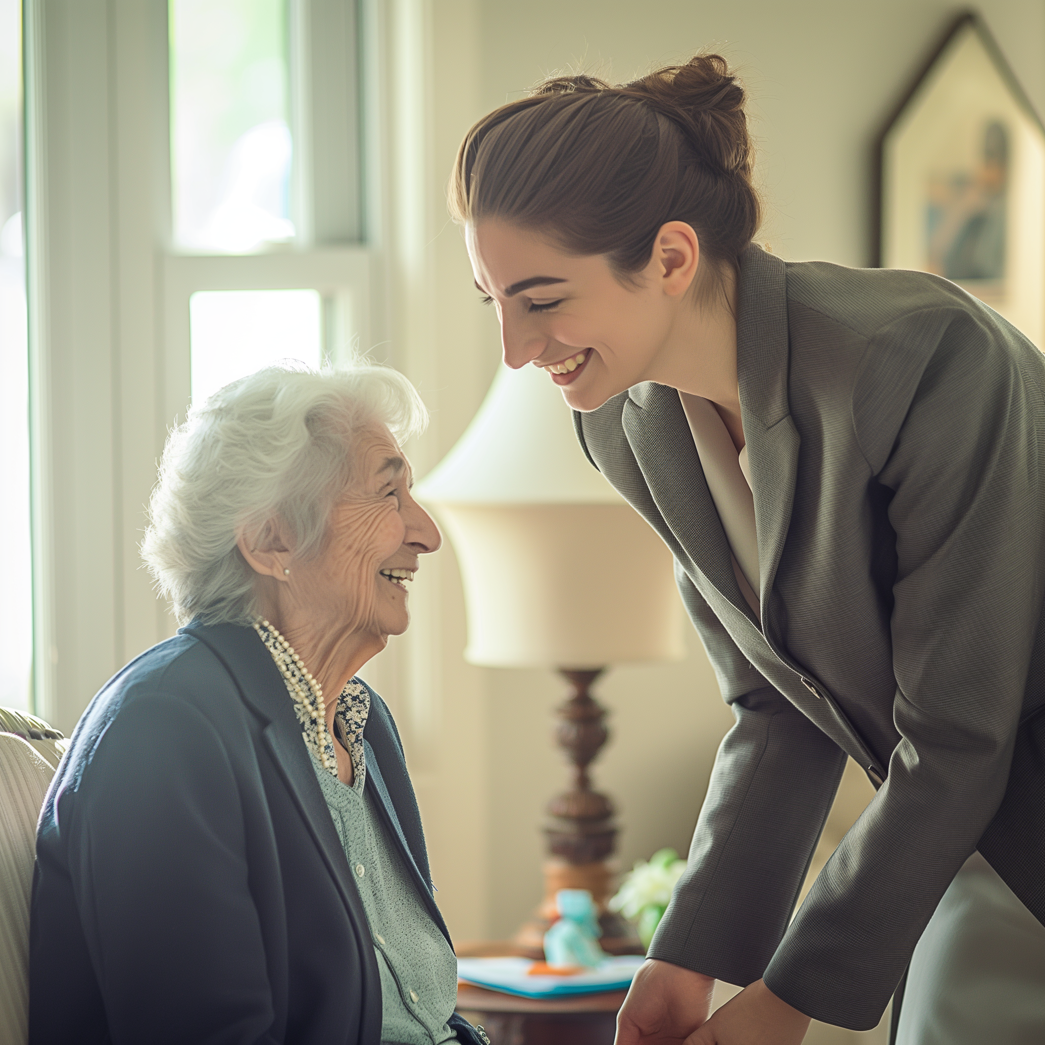 Una mujer elegantemente vestida hablando con una anciana en la habitación de una residencia | Fuente: Midjourney