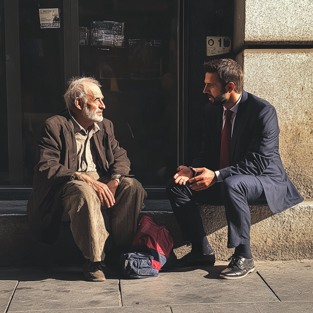 Un vagabundo hablando con un hombre de negocios de éxito | Fuente: Midjourney